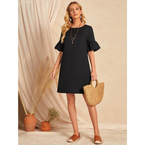 boho short sleeve Bell Cuff Tunic Dress black - Picture 4 of 5